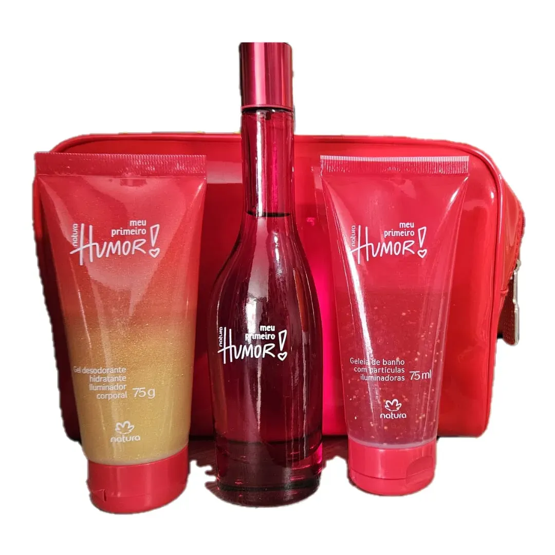 Natura Kit de Regalo Humor Meu Primeiro Mujer: Perfume mujer 75ml, Crema Hidratante Iluminador 75g, Gel de Baño con particulas iluminadoras 75g y Cosmetiquera Roja.