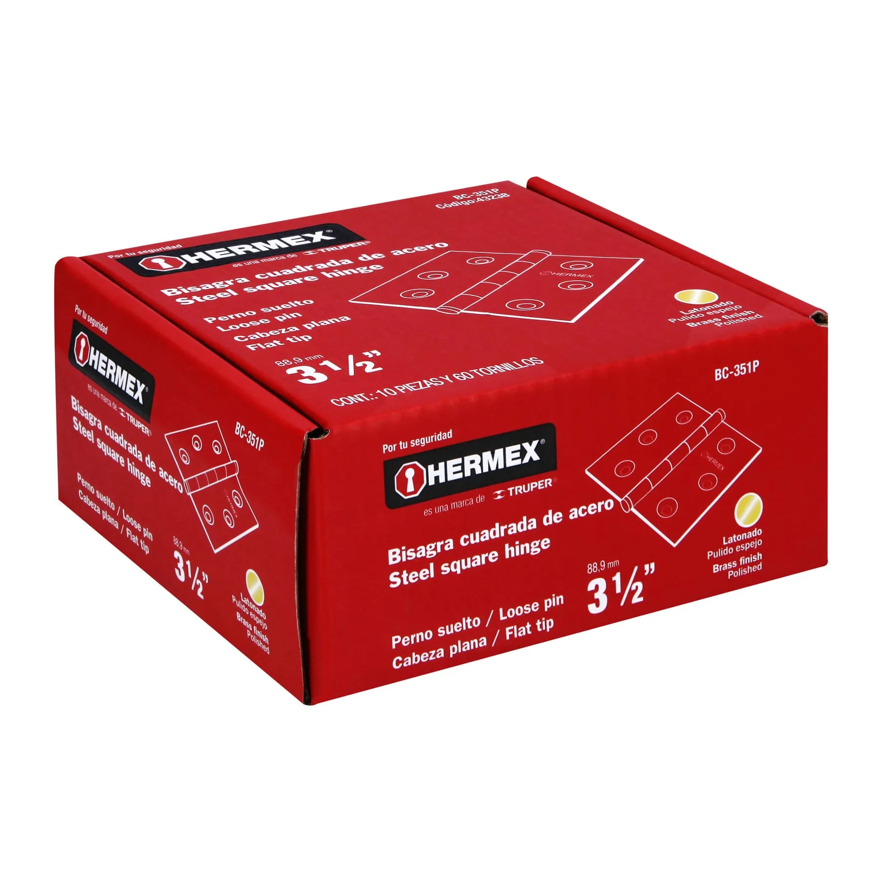 Caja De 10 Bisagras Cuadradas De 8.9 Cm, Acero Latonado Hermex