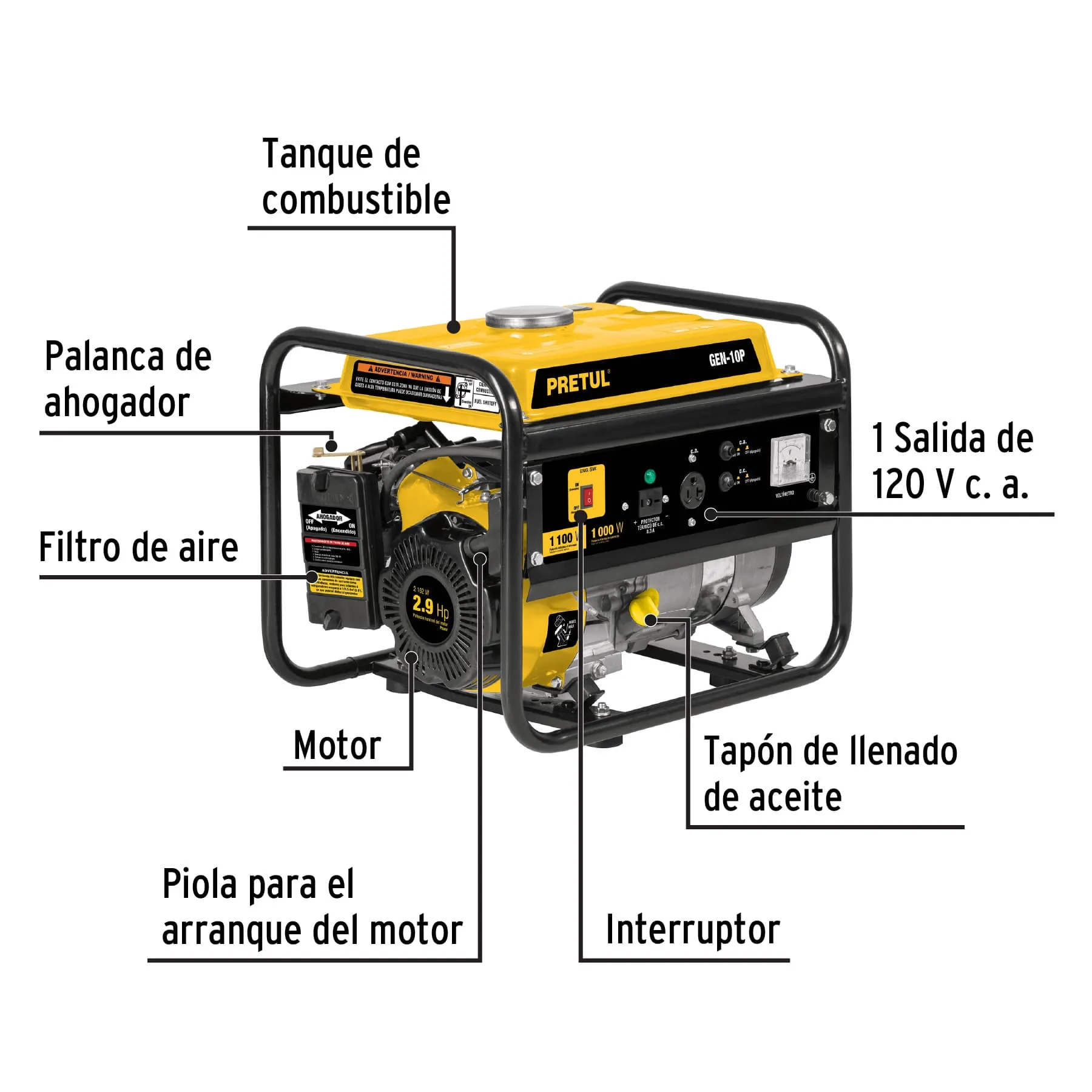 Generador Eléctrico Portátil De 6 Litros, 1.1 Kw, 2.9 Hp Pretul