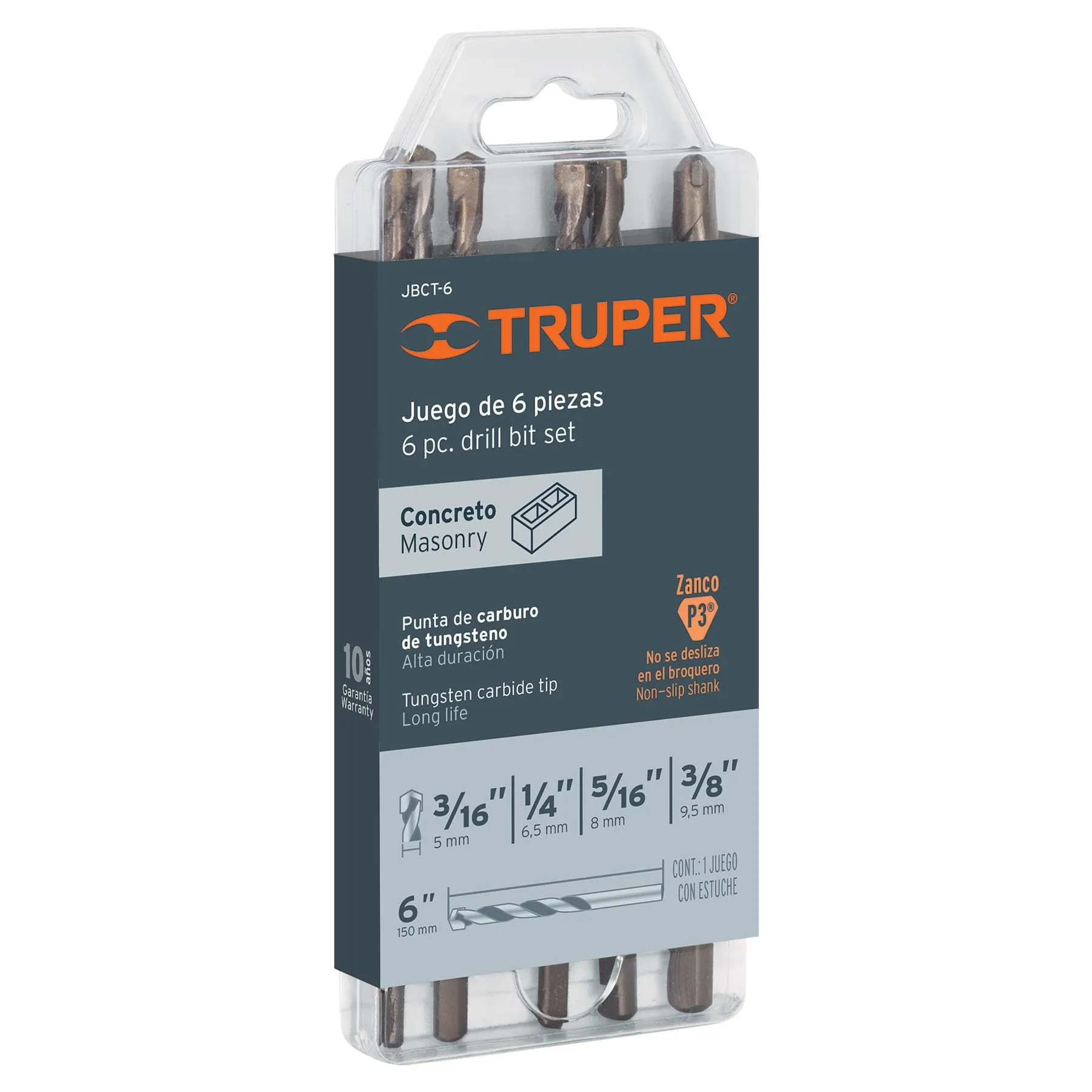 Juego De 6 Brocas Para Concreto Y Ladrillo 3/16" A 3/8" Truper