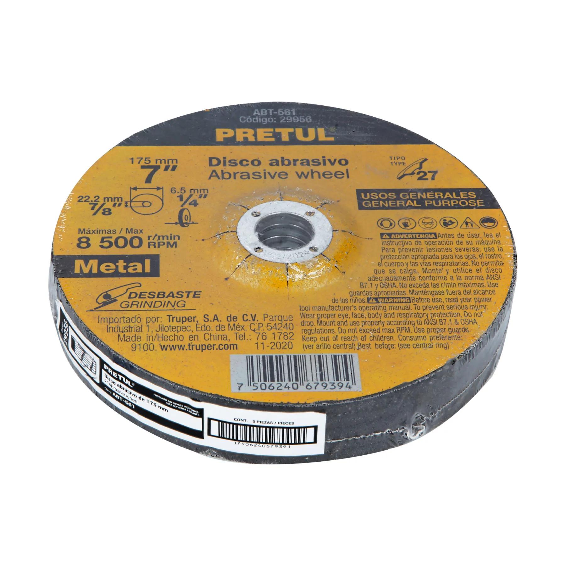 Disco Para Desbaste De Metal De 7", 6.2 Mm, 8.500 Rpm Pretul