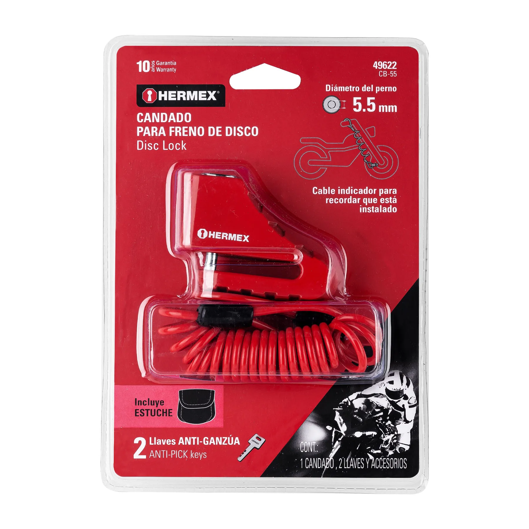 Candado Para Moto De 5.5 Mm, Uso En Discos Con Funda Y Cable Hermex