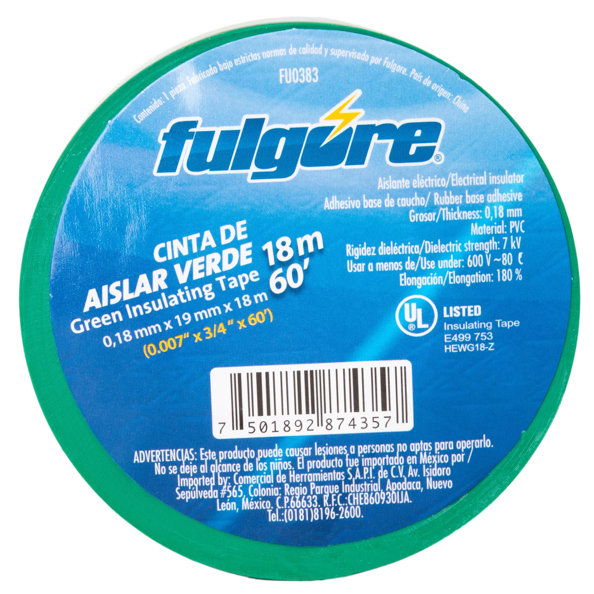 Cinta De Aislar Verde 18 Metros Fulgore 19 Mm X 0.18 Mm