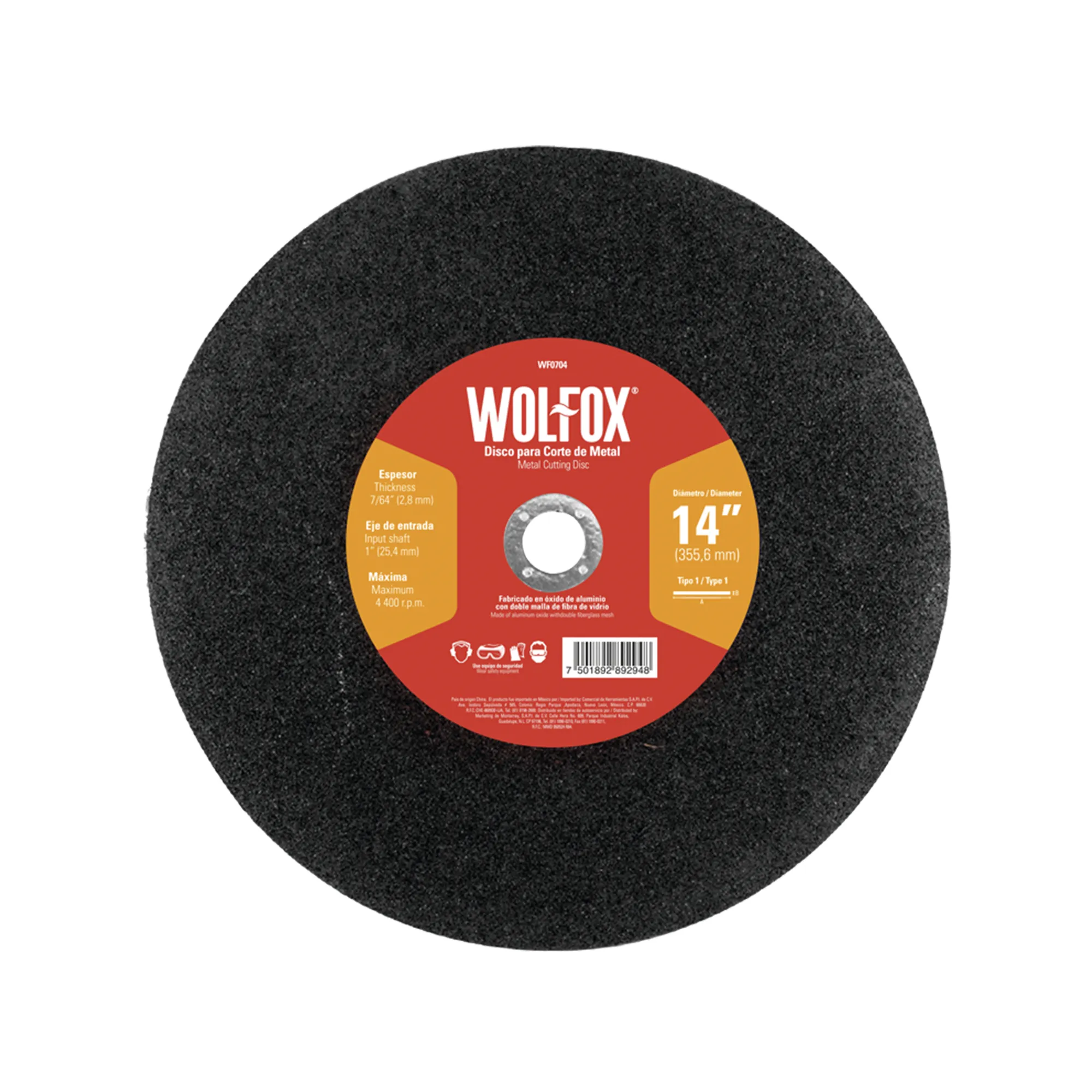 Disco Para Corte De Metal 14'' Wolfox Con Eje De 1''