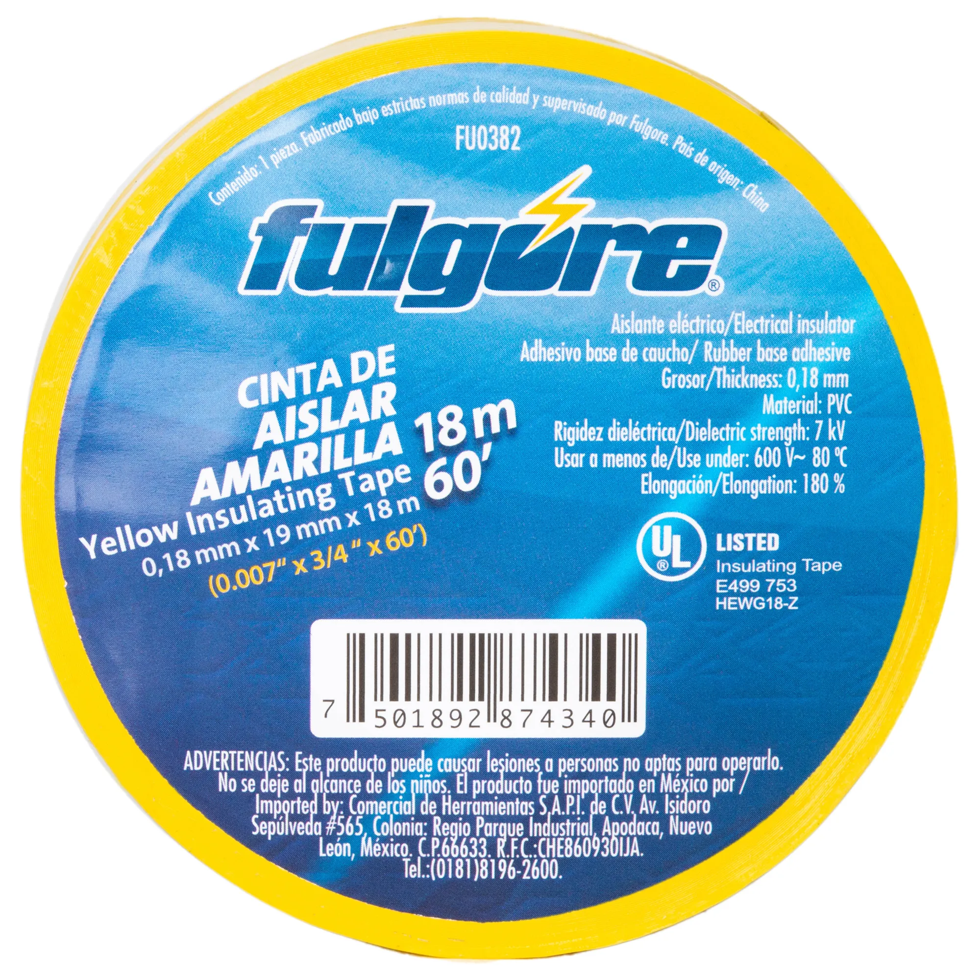 Cinta De Aislar Amarilla 18 Metros Fulgore 19 Mm X 0.18 Mm