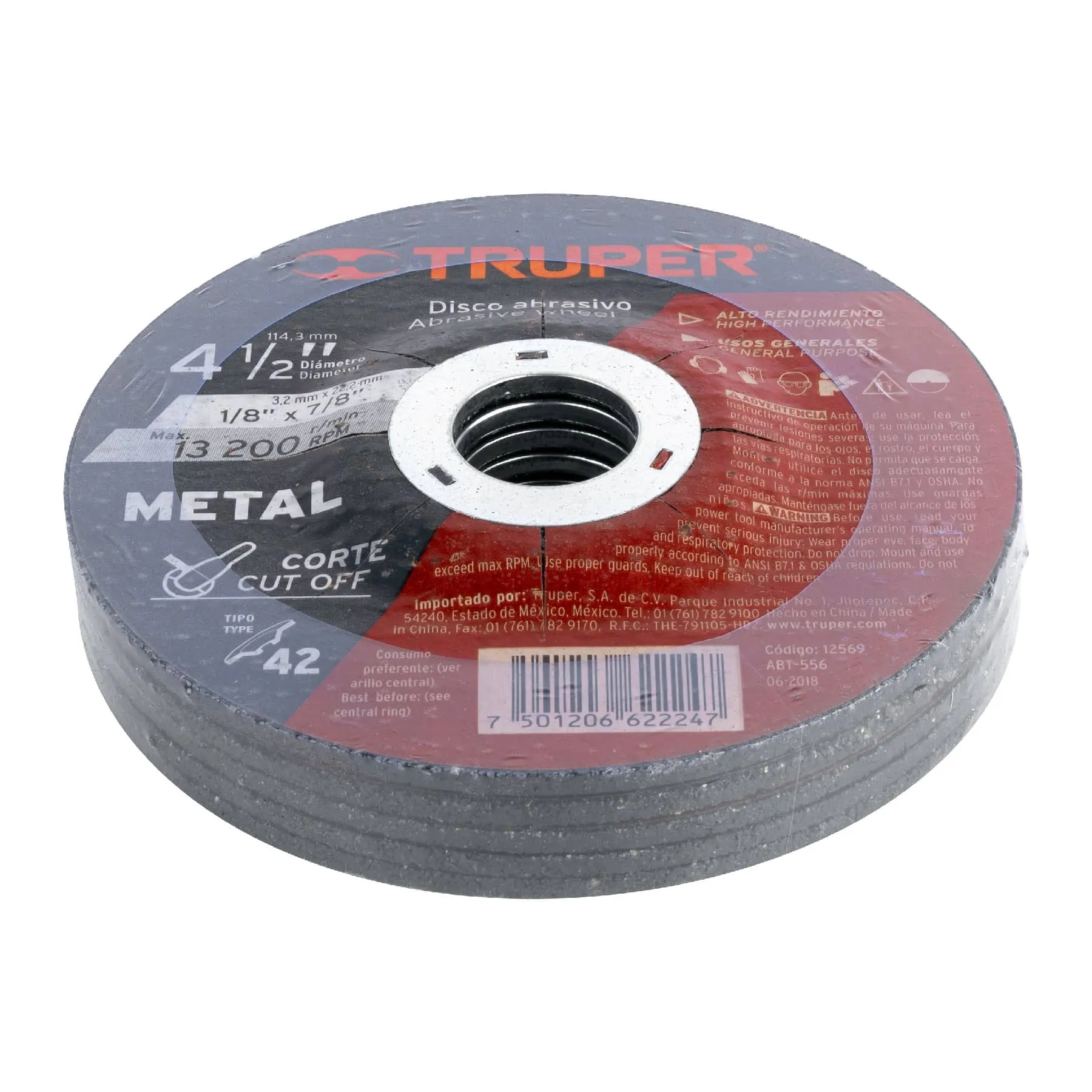 Disco Para Corte De Metal De 4.1/2", 3.2 Mm, 13.200 Rpm Truper