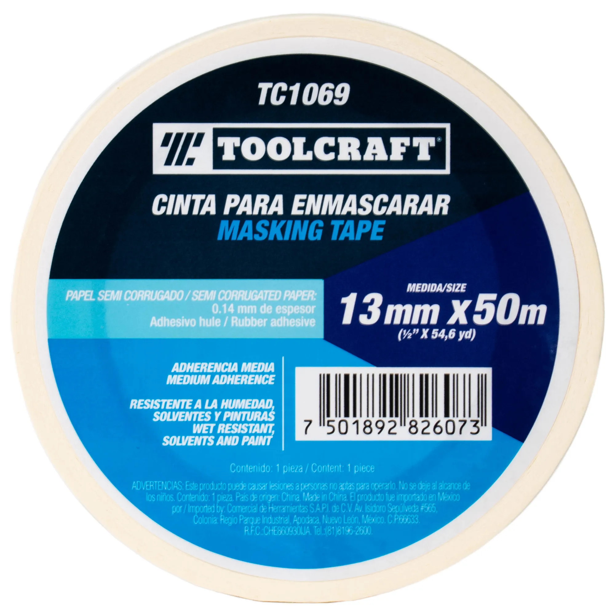 Cinta Enmascarar 1/2'' X 50 M Toolcraft Adhesivo De Hule