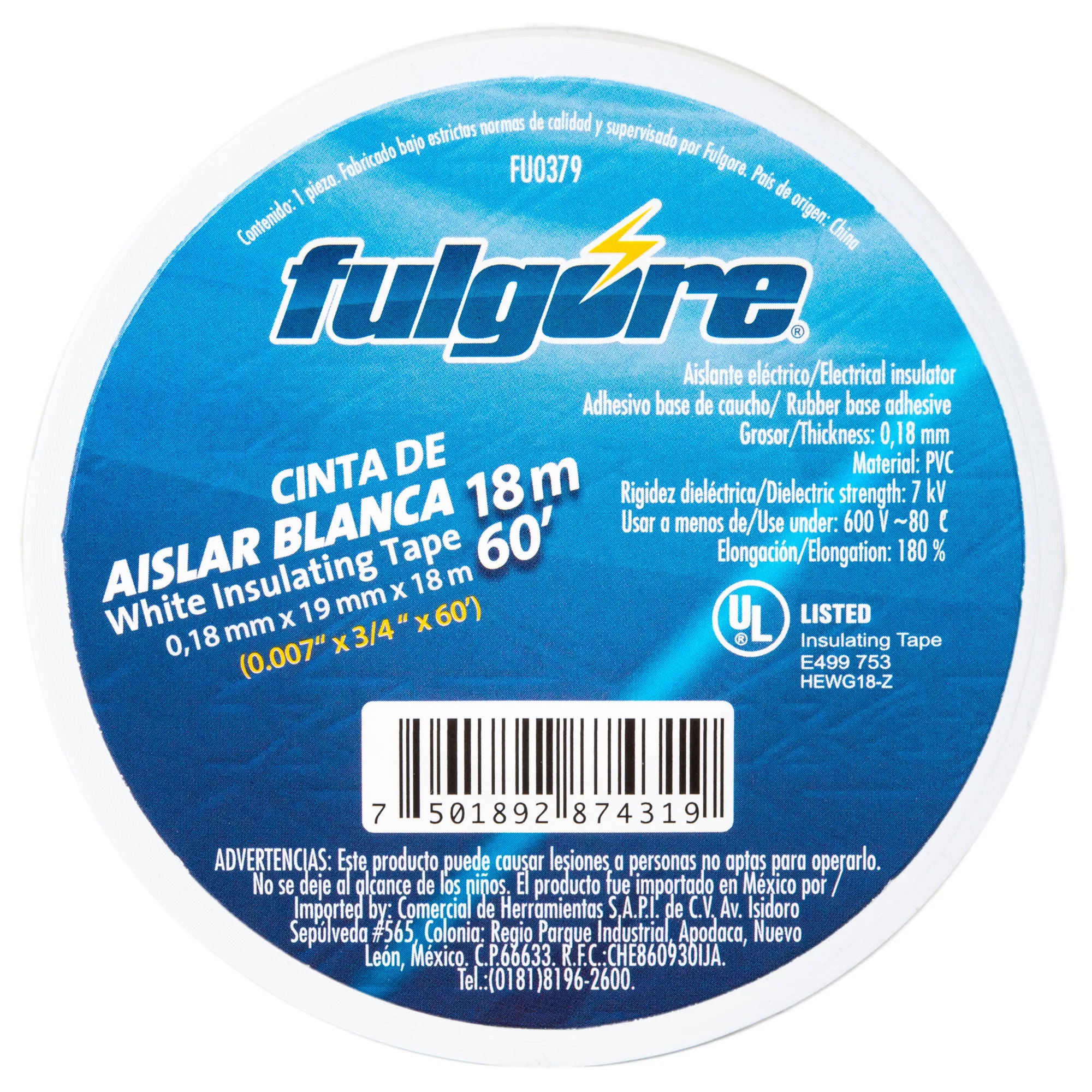 Cinta De Aislar Blanca 18 Metros Fulgore 19 Mm X 0.18 Mm