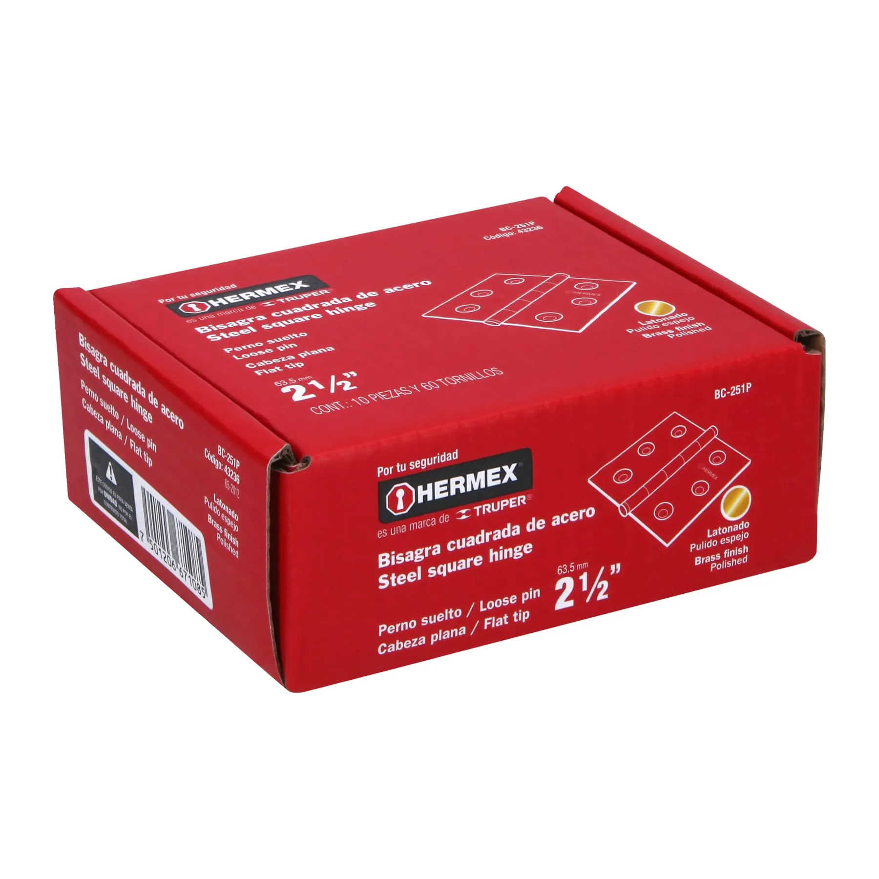 Caja De 10 Bisagras Cuadradas De 6.4 Cm, Acero Latonado Hermex