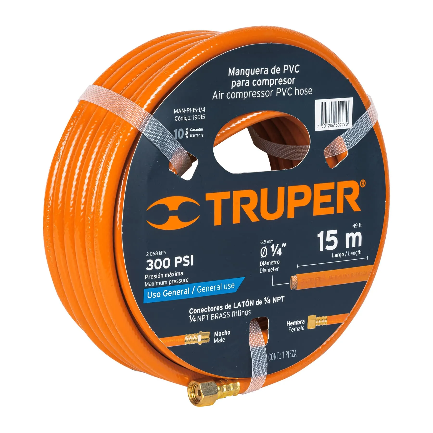 Manguera Para Compresor De Pvc 15 M, 1/4" Npt, 300 Psi Truper