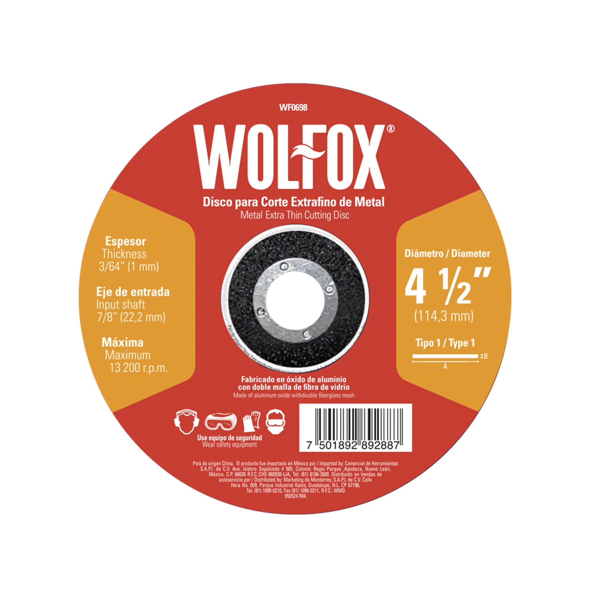 Disco Para Corte Fino De Metal 4.1/2'' Wolfox Tipo 1