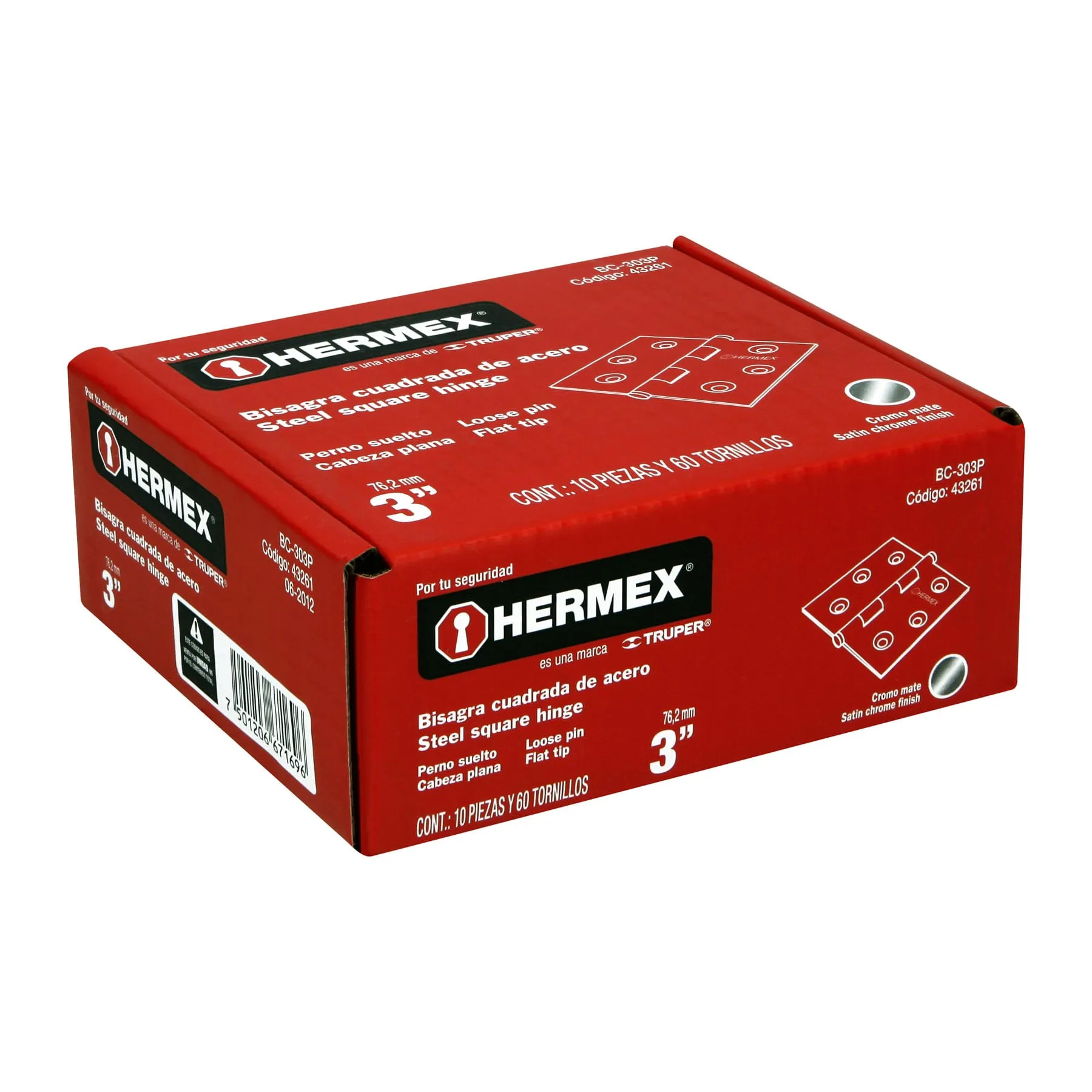 Caja De 20 Bisagras Cuadradas De 7.6 Cm, Acero Cromo Mate Hermex