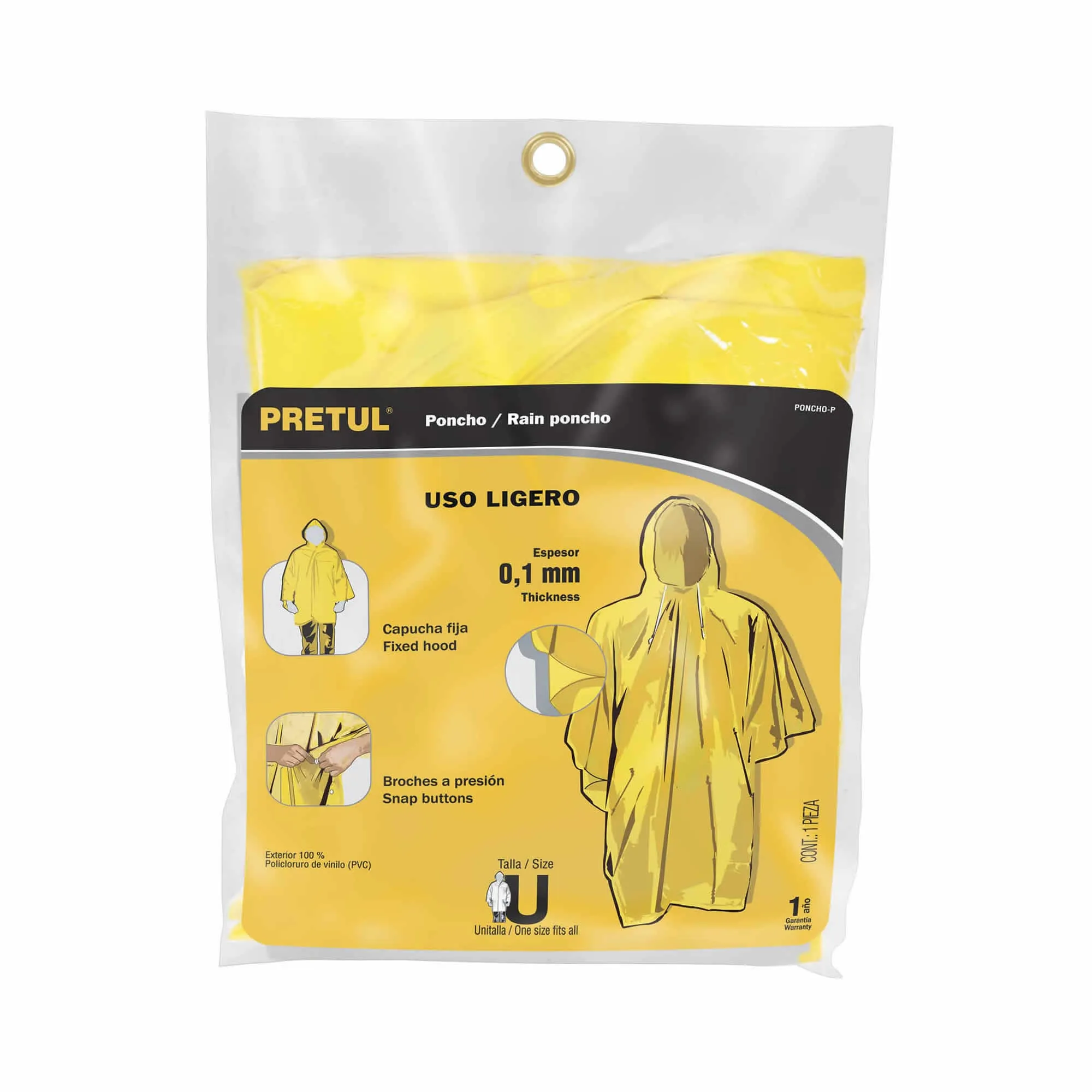 Poncho Impermeable Amarillo De Pvc Con Broches, Delgado Pretul