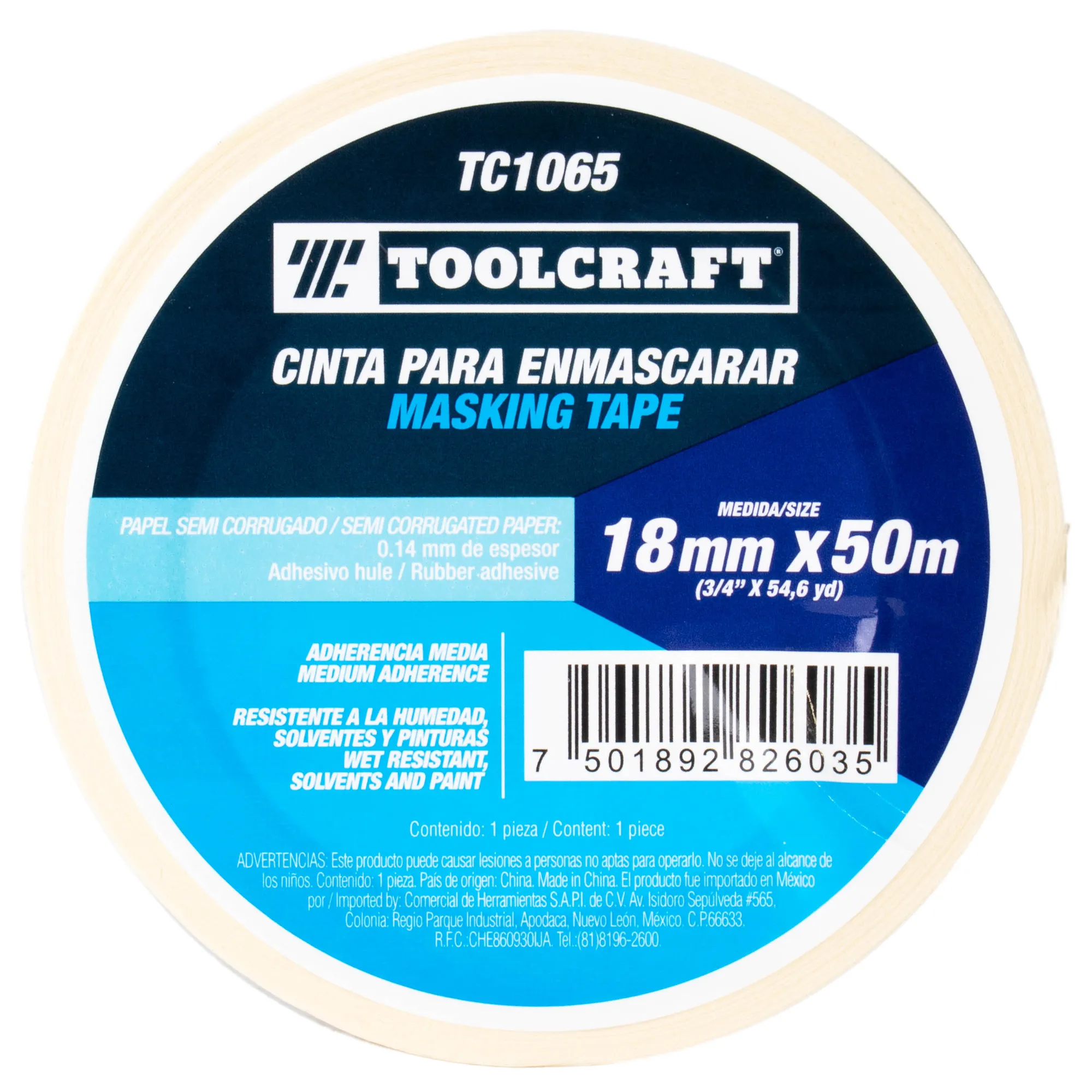 Cinta Enmascarar 3/4'' X 50 M Toolcraft Adhesivo De Hule