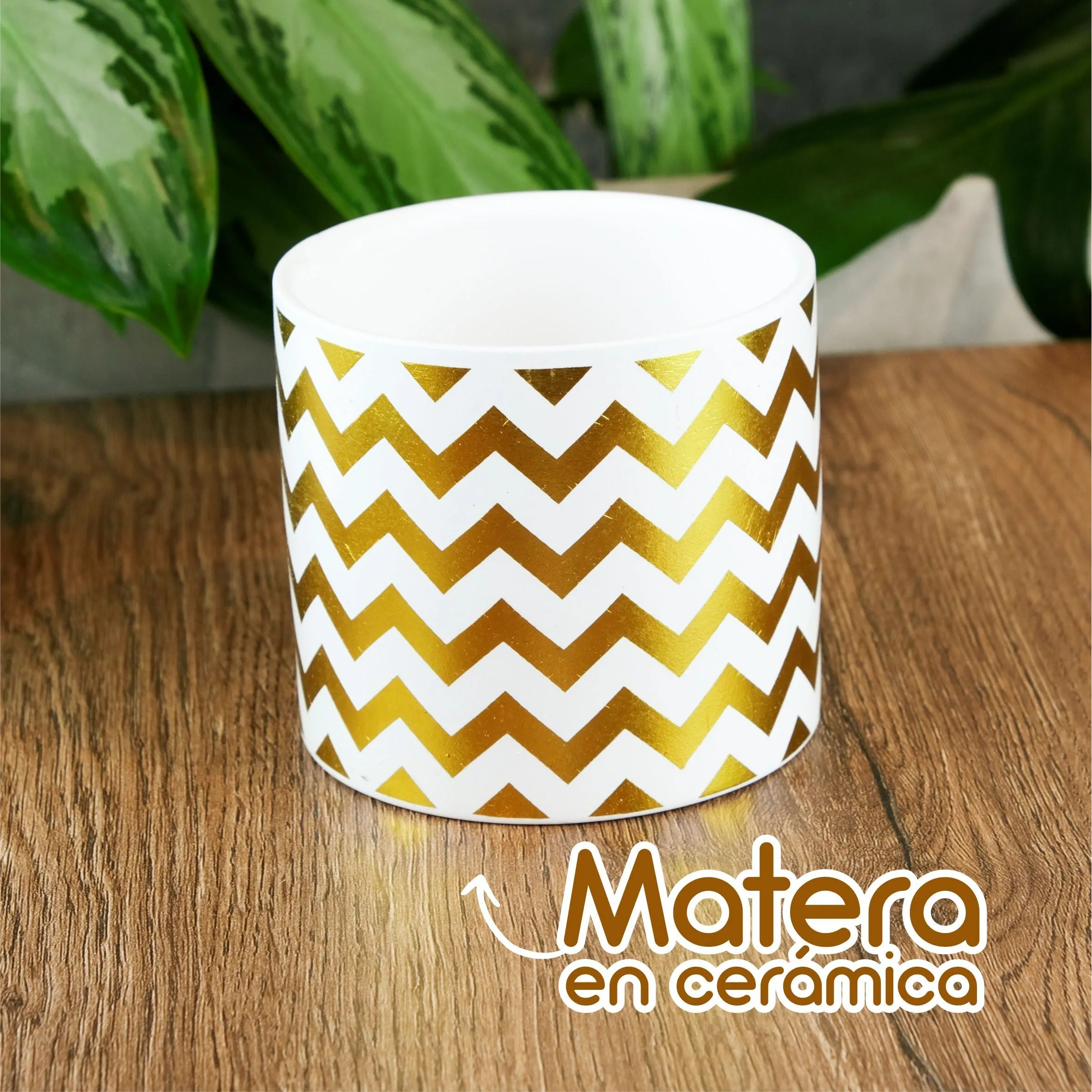 Maceta En Ceramica Diseño Zic Zac Blanco Con Dorado