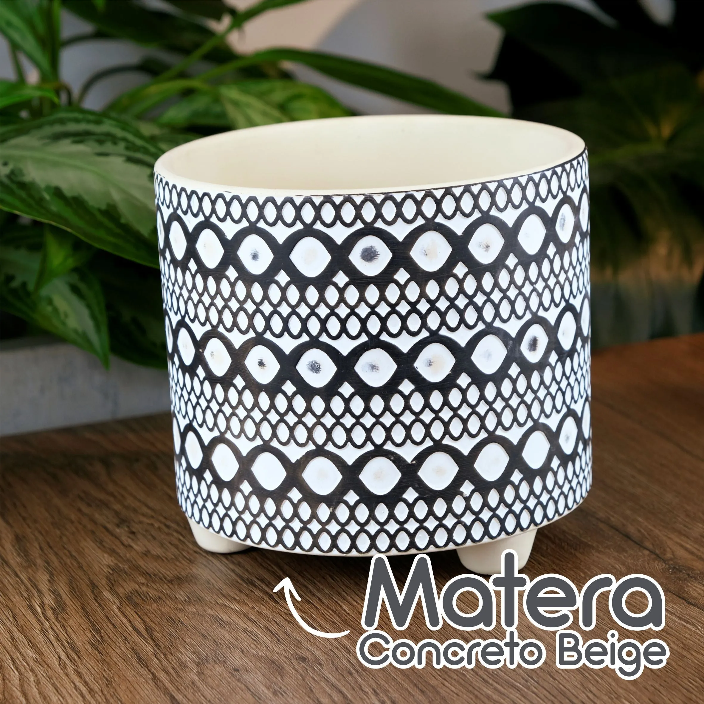 Maceta Ceramica Beige Mediana Diseño Circulos