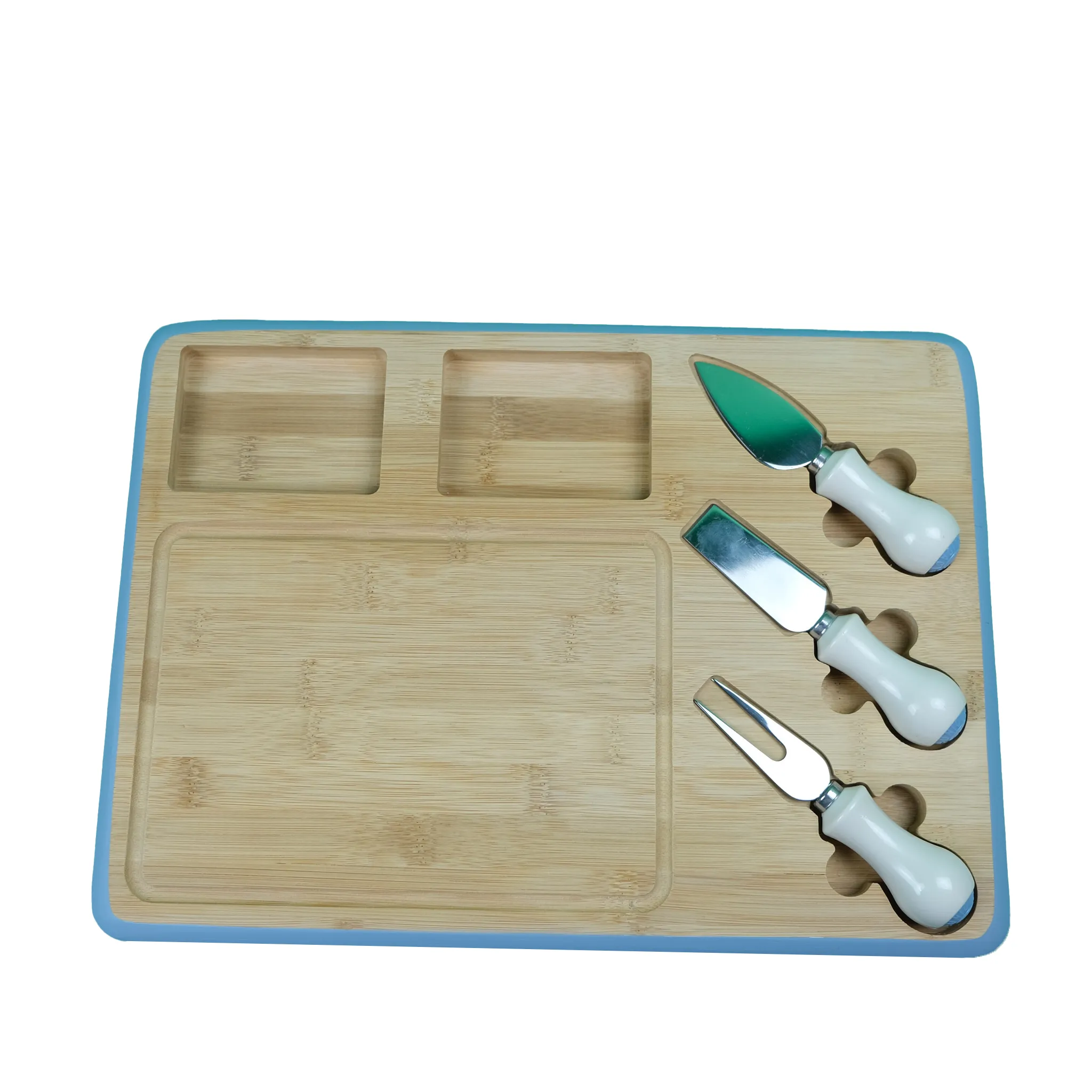 Set De Tabla De Picar En Bambú 38.5x28cm Y Utensilios Para Cortar Queso Azul Cielo