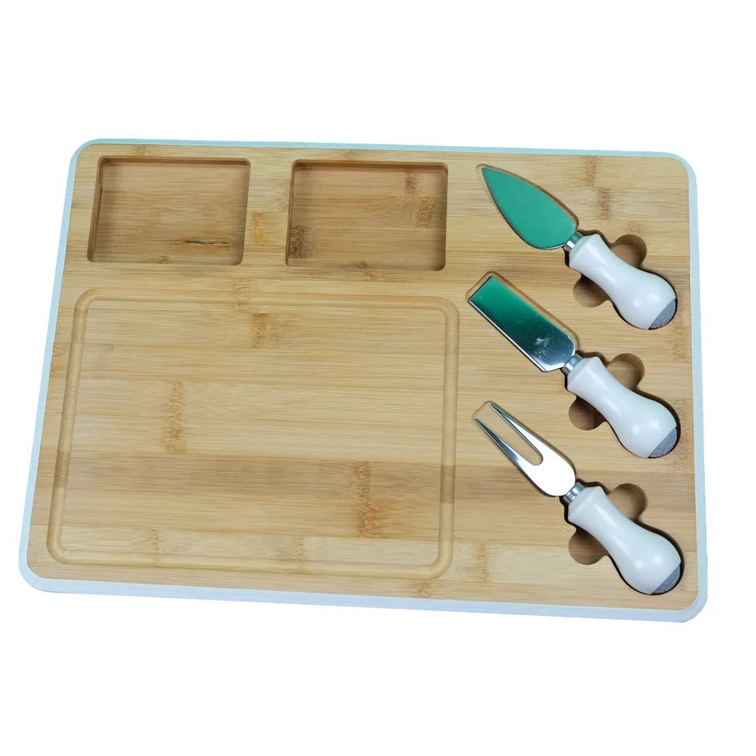 Set De Tabla De Picar En Bambú 38.5x28cm Y Utensilios Para Cortar Queso Blanco