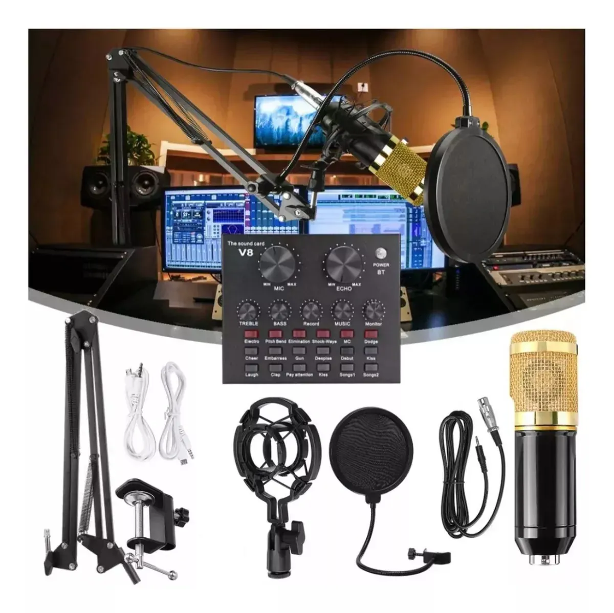 Kit Micrófono Profesional De Condensador + Tarjeta Sonido V8