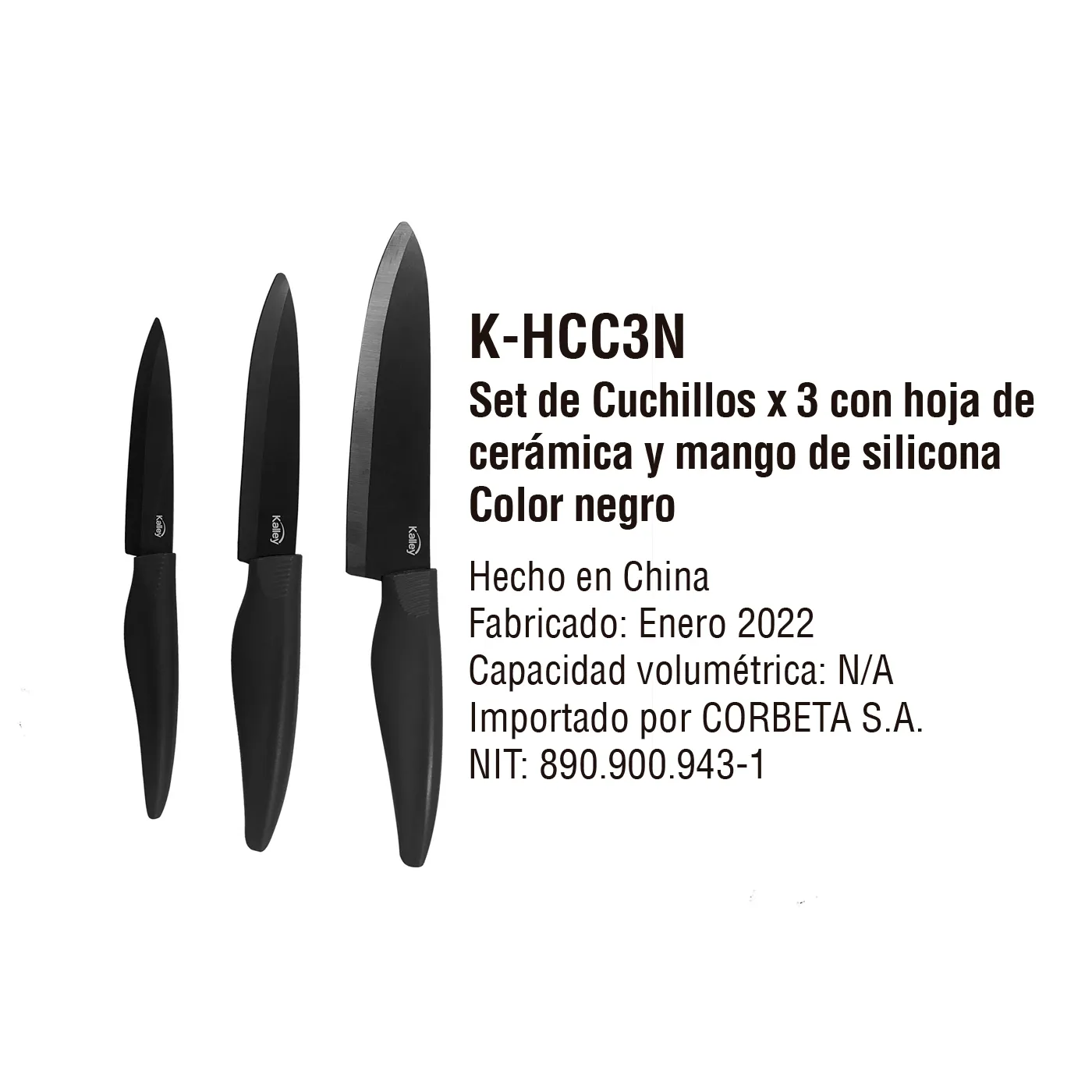 Set x 3 Cuchillos KALLEY Cerámica Negros K-HCC3N