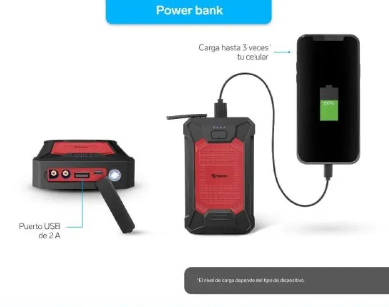 Arrancador Auto Compacto Power Bank Linterna Steren (T-M) Ref: MOV-123 