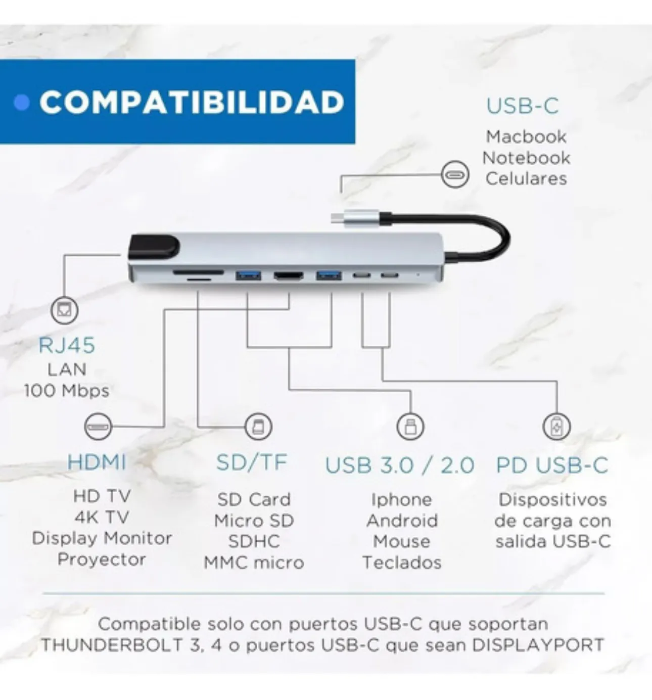 Adaptador Usb Tipo C Hdmi 4k 8 En 1