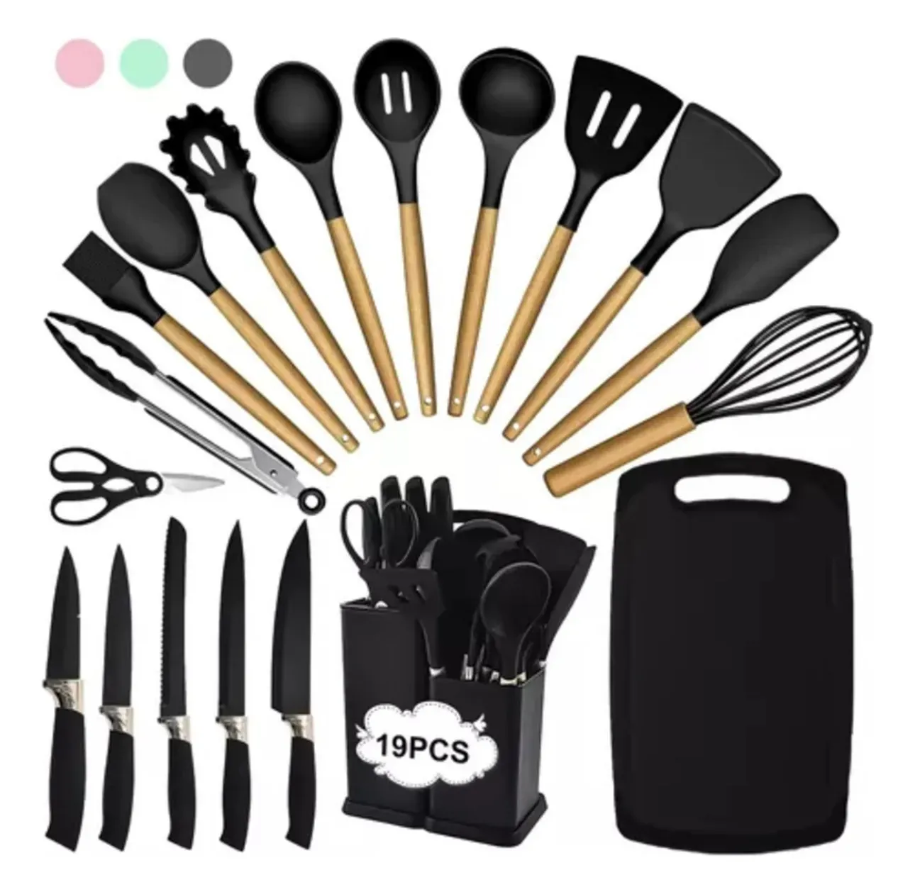 Set Utensilios Cocina Silicona + Set Cuchillos X19 Pcs 