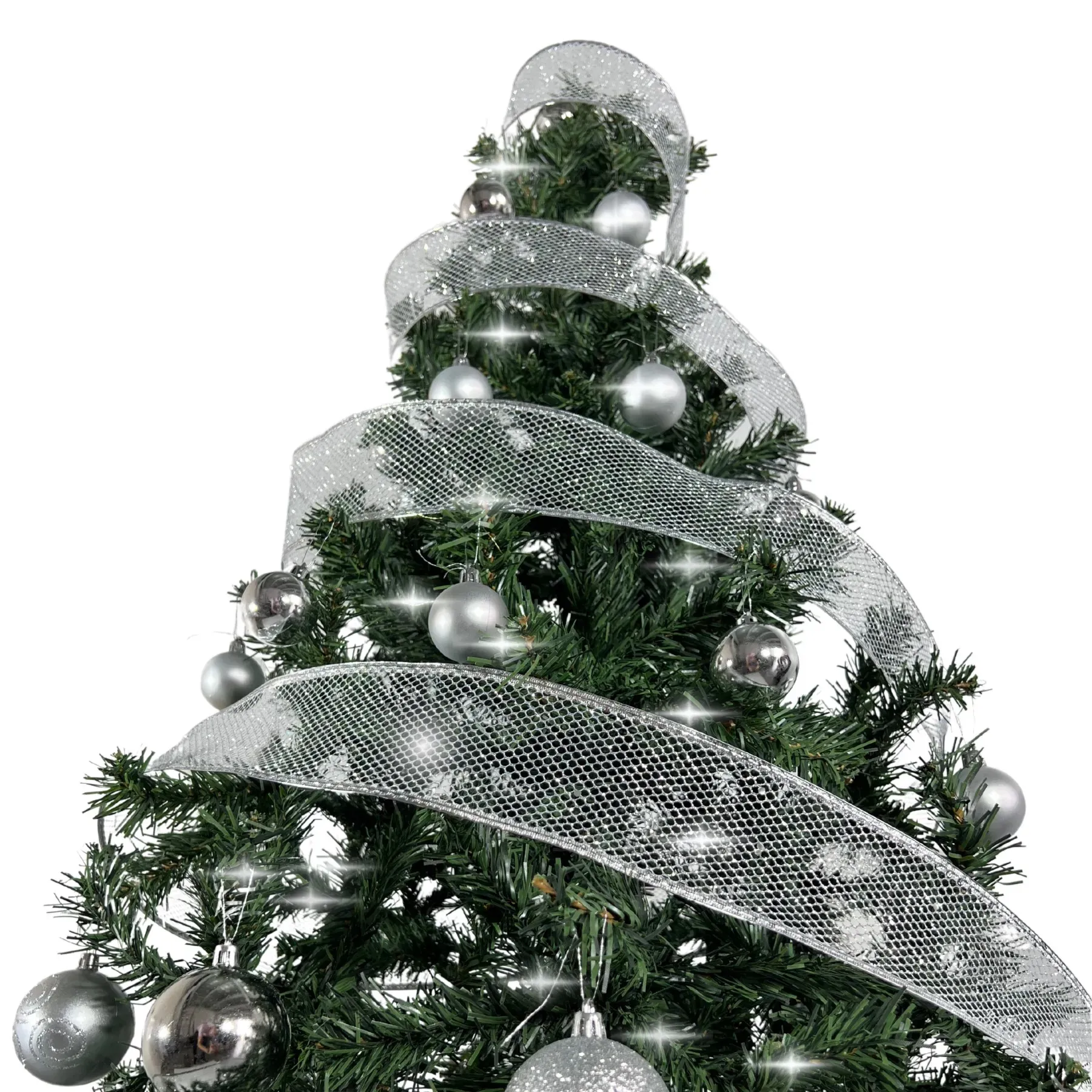 Kit Árbol De Navidad 180 Cm 645 Ramas Incluye Decoración Plateada Y Luces