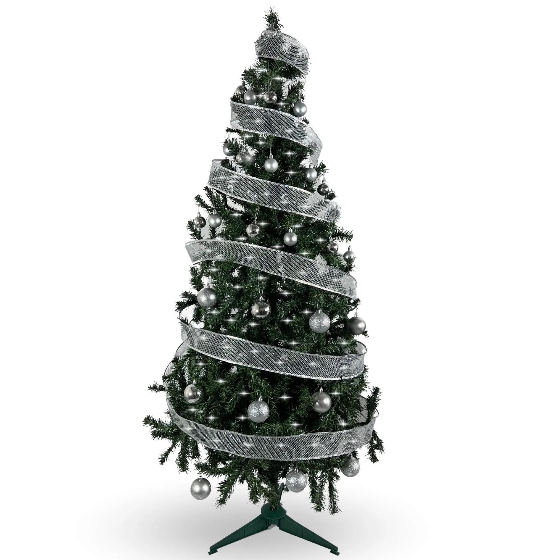 Kit Árbol De Navidad 180 Cm 645 Ramas Incluye Decoración Plateada Y Luces