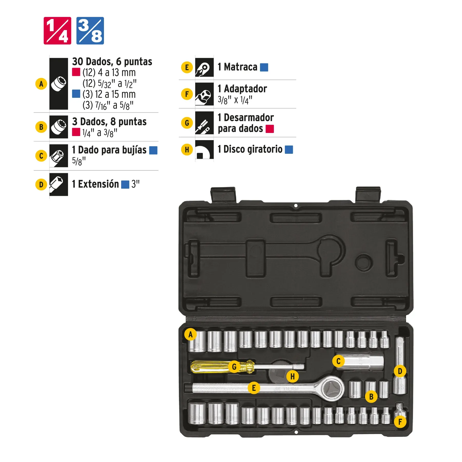 Juego De Copas Y Ratchet 39 Piezas Cuadrante 1/4" Y 3/8"