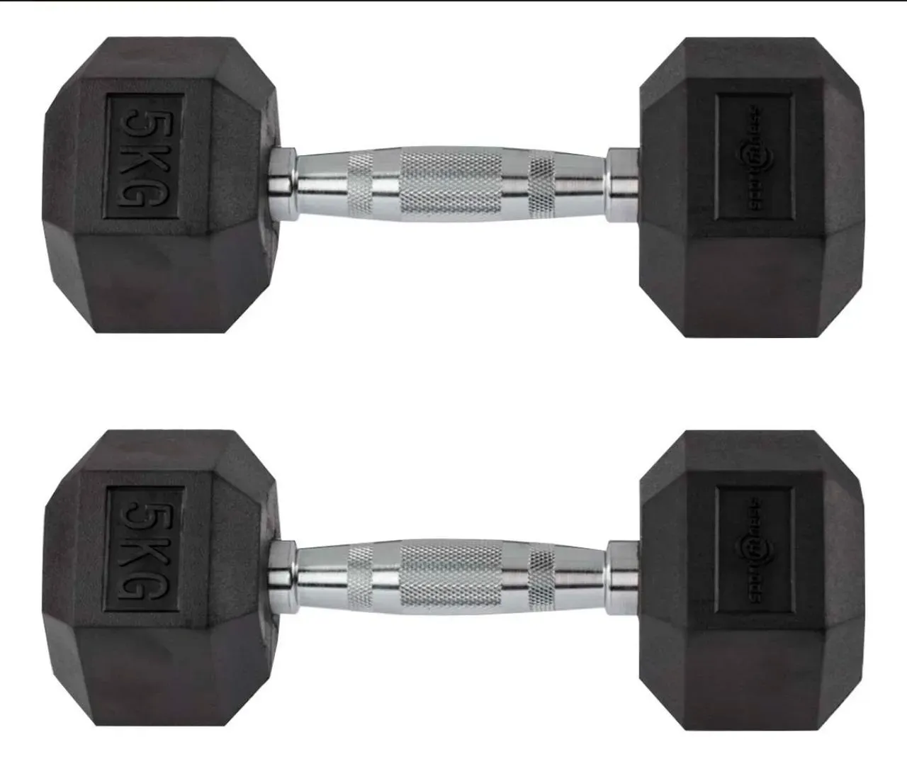 Pesas Mancuernas Hexagonales Sportfitness 2x5 Kl Encauchadas Color Negro y cromado