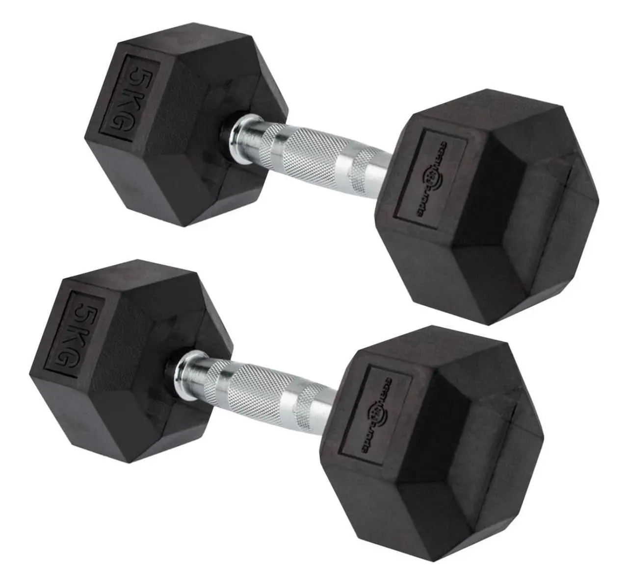 Pesas Mancuernas Hexagonales Sportfitness 2x5 Kl Encauchadas Color Negro y cromado