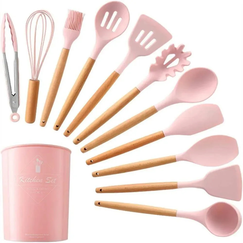 Set Utensilios Silicona X 12 Piezas Rosado