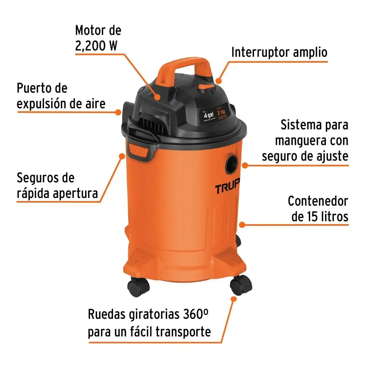 Aspiradora Plástica Truper 15 Litros (4 Galones) Solidos Y Líquidos + Accesorios