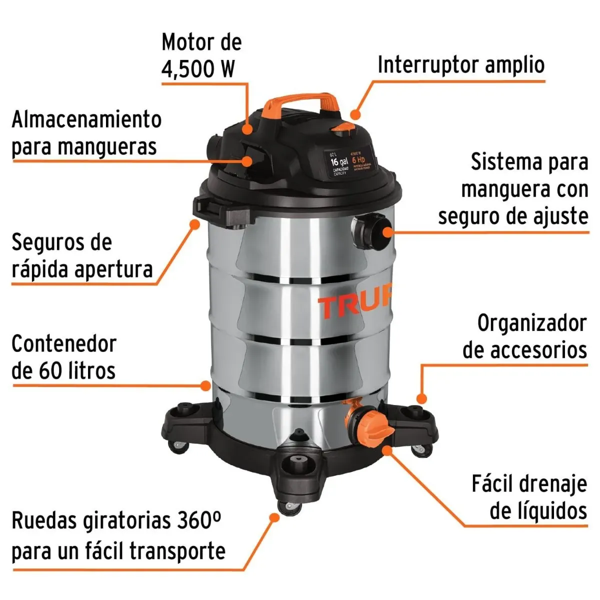 Aspiradora Industrial En Acero Inoxidable Truper 60 Litros Solidos Y Líquidos + Accesorios