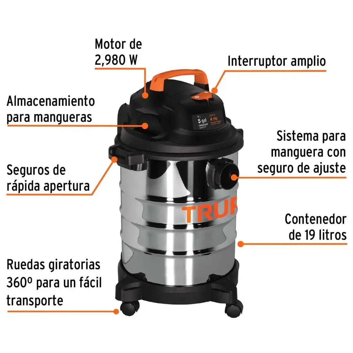 Aspiradora Industrial En Acero Inoxidable Truper 19 Litros Solidos Y Líquidos + Accesorios