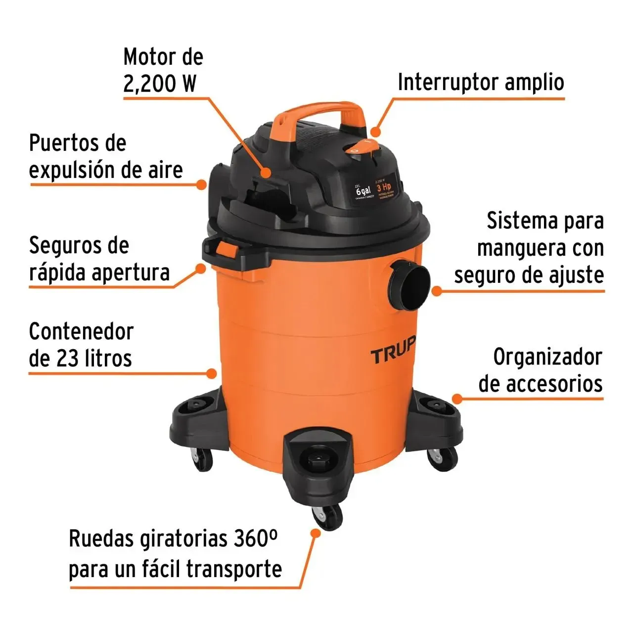 Aspiradora Plástica Truper Solidos Y Líquidos + Accesorios 23 Litros (6 GAL) 