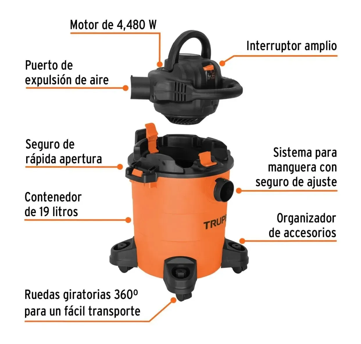 Aspiradora/Sopladora 2 En 1 Sólidos Y Líquidos Capacidad 19 Litros (5 gal) Truper