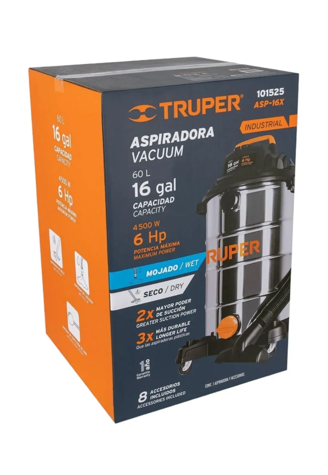 Aspiradora Industrial En Acero Inoxidable Truper 60 Litros Solidos Y Líquidos + Accesorios