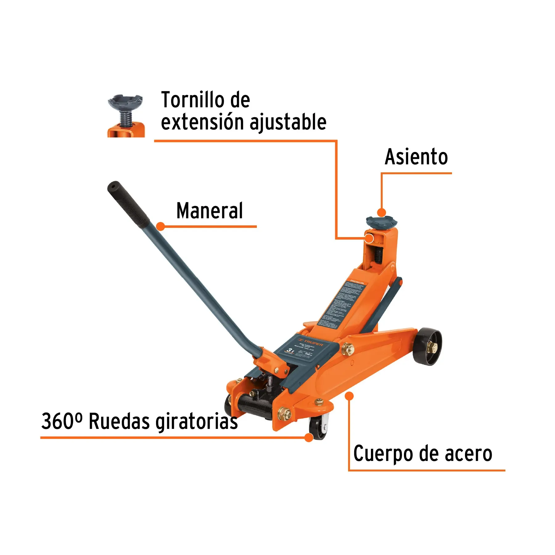 Gato Hidráulico Tipo Zorra Para Automóvil Y Camioneta 3 Toneladas Reforzado Truper + Estuche / Elevación Rápida 