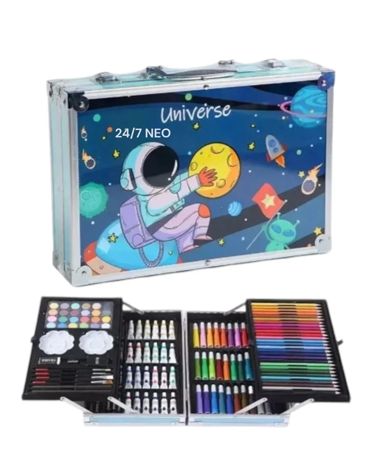 Set De Arte Maleta 145 Piezas Metálico Astronauta Para Niños Creatividad Dibujo Azul 