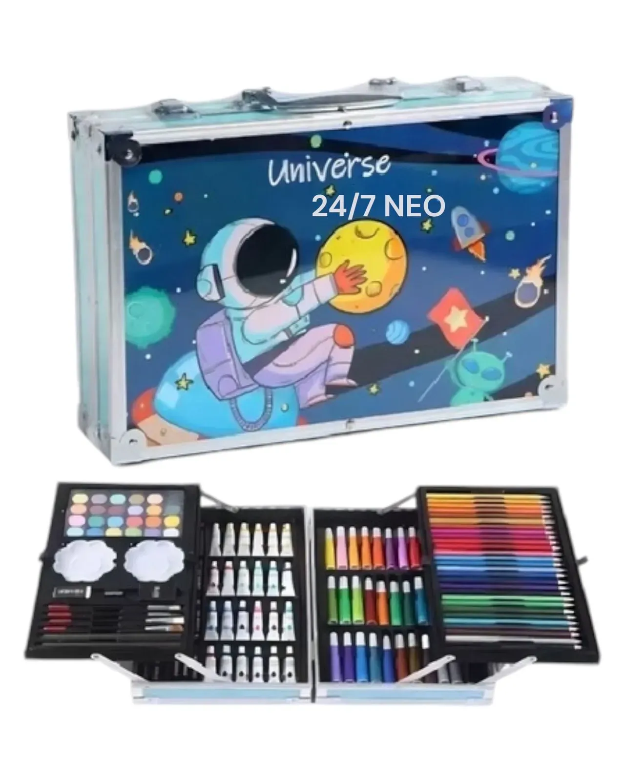 Set De Arte Maleta 145 Piezas Metálico Astronauta Para Niños Creatividad Dibujo Azul 