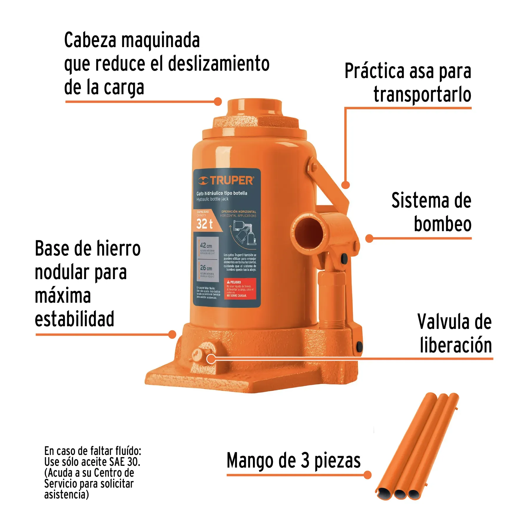 Gato Hidráulico Tipo Botella Industrial 32 Toneladas Truper