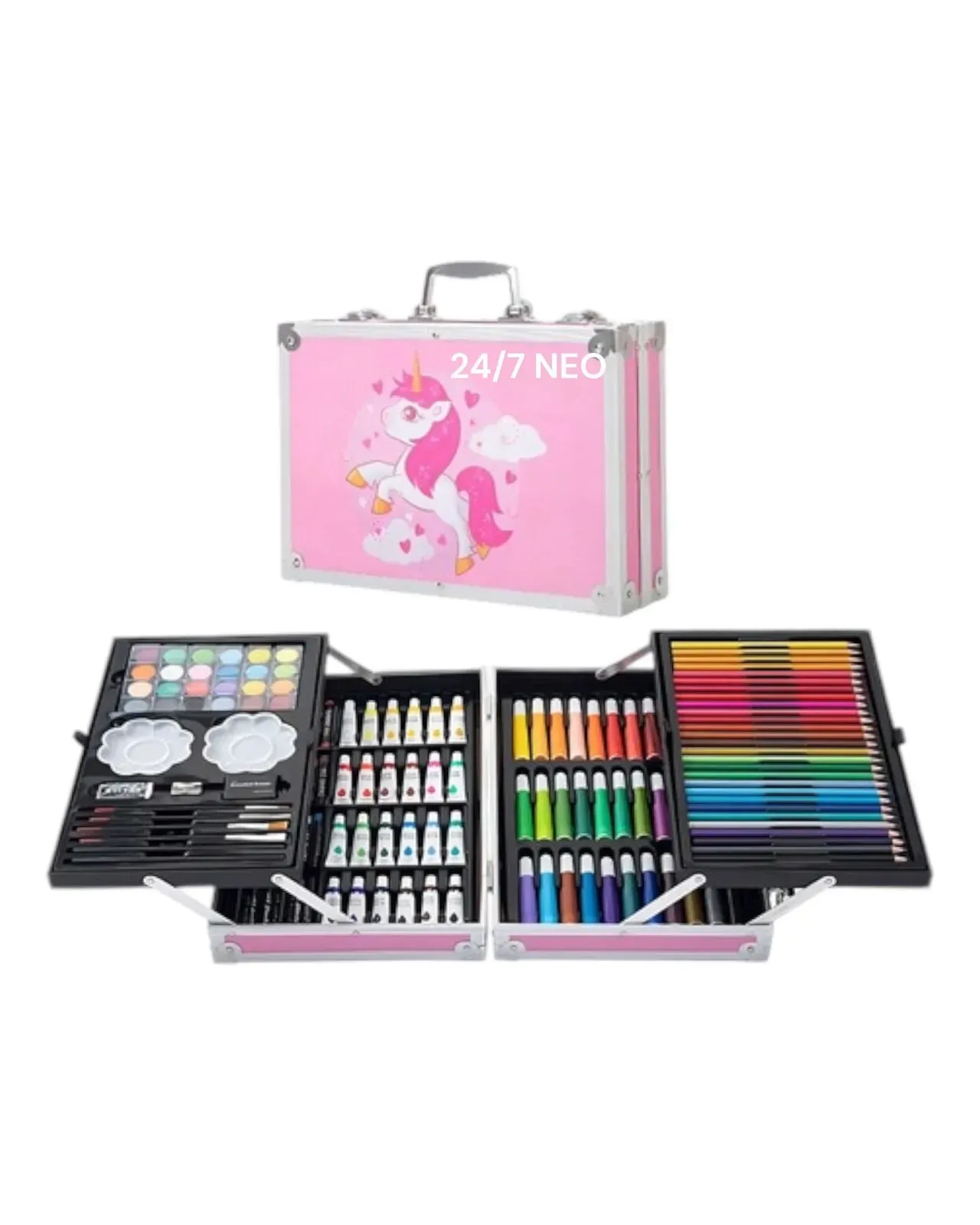 Set De Arte Maleta 145 Piezas Metálico Unicornio Para Niñas Creatividad Dibujo Rosado