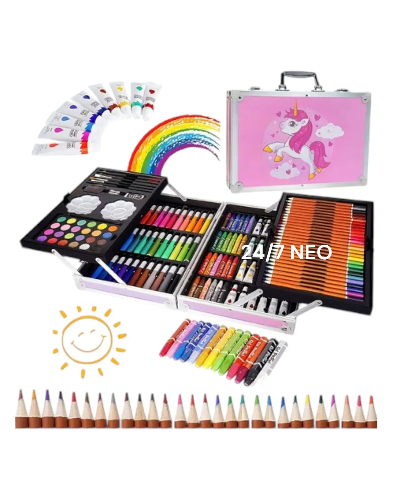 Set De Arte Maleta 145 Piezas Metálico Unicornio Para Niñas Creatividad Dibujo Rosado