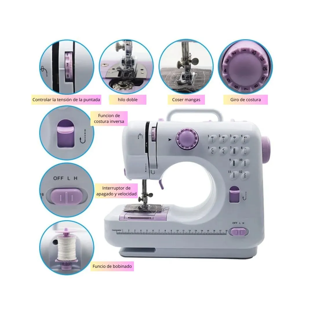 Máquina De Coser Eléctrica Multifuncional 12 puntadas Lila