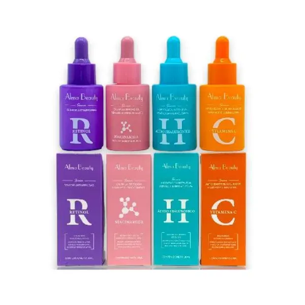 Kit X4 De Sérum Faciales Alma Beauty (Incluye, VitC , Retinol, Niacinamida y Ácido Hialurónico)