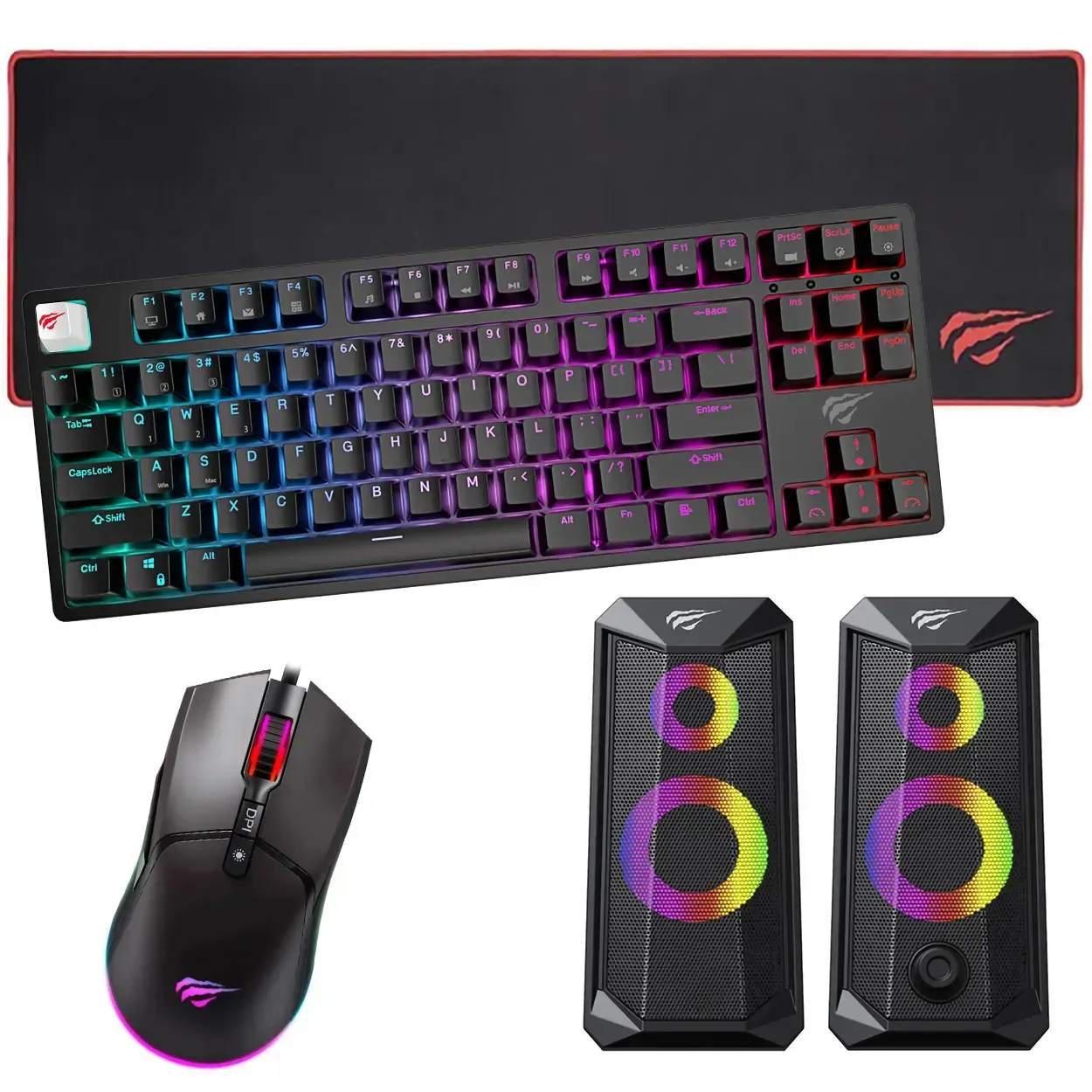 Combo Black Teclado Mecánico + Mouse Gamer + Parlantes Gamer + Pad Mouse Extralargo Havit Gamenote