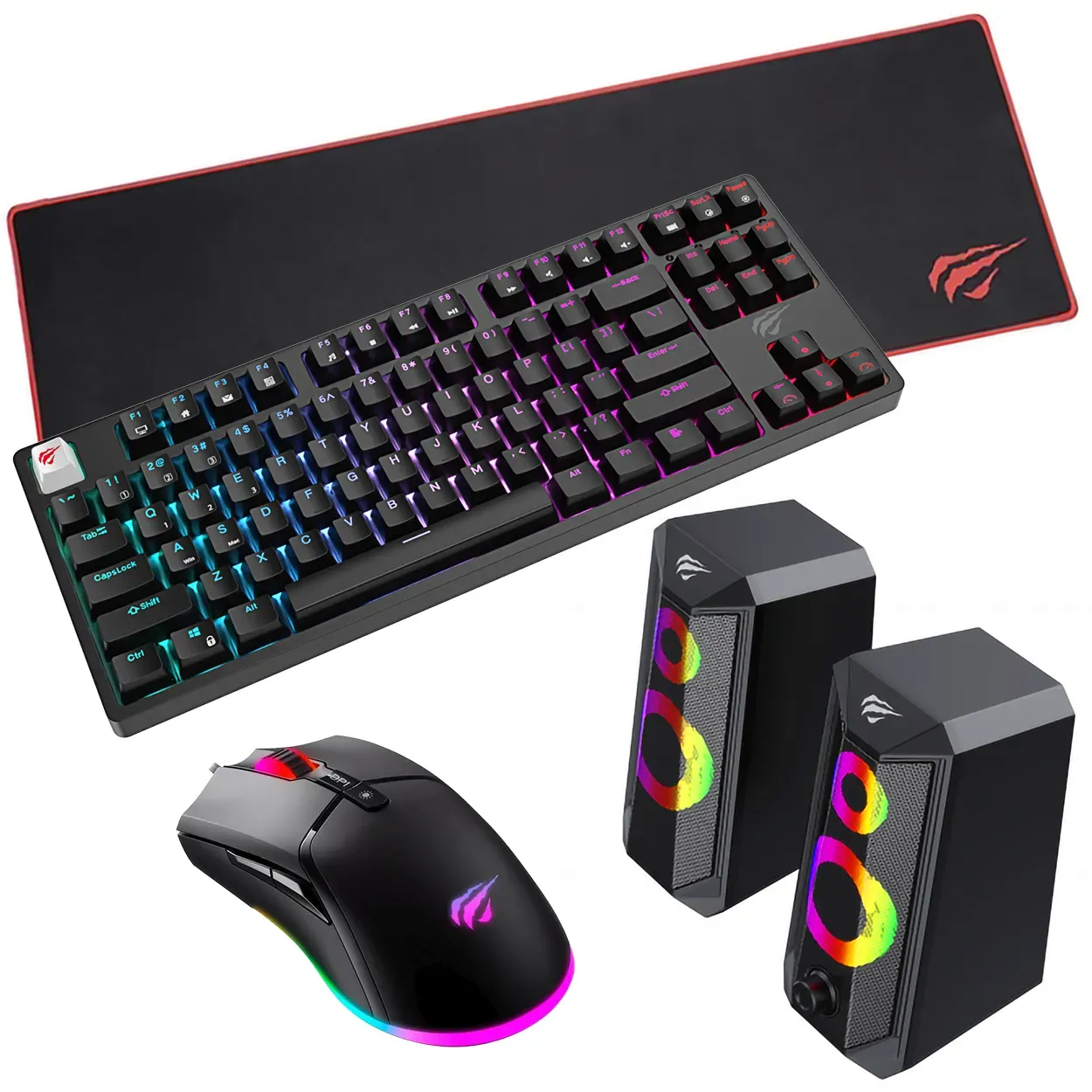 Combo Black Teclado Mecánico + Mouse Gamer + Parlantes Gamer + Pad Mouse Extralargo Havit Gamenote