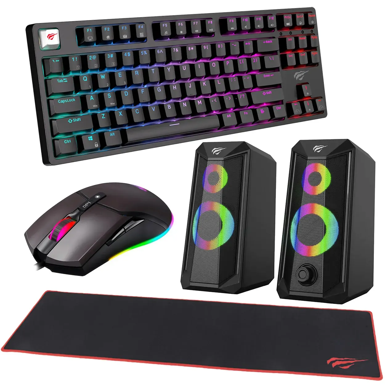 Combo Black Teclado Mecánico + Mouse Gamer + Parlantes Gamer + Pad Mouse Extralargo Havit Gamenote